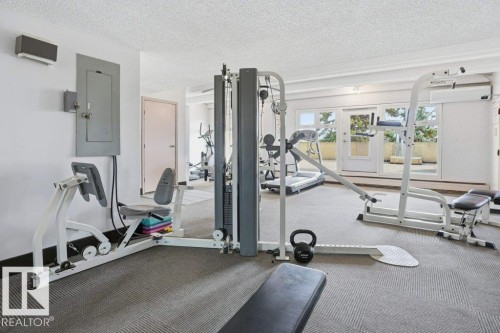 Well-equipped fitness room featuring various exercise machines, carpeted flooring, and glass doors providing exterior access - 604 9918 101 Street, Edmonton, AB - Indoor Photo Showing Gym Room