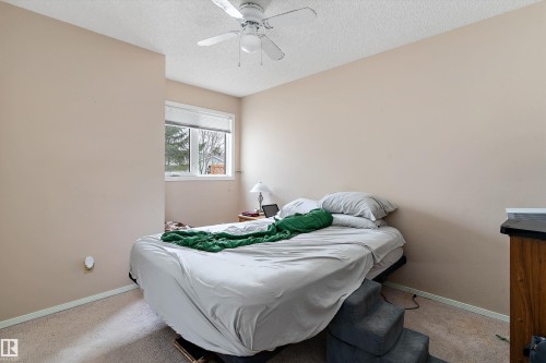 This room features carpeting, a window with a view of trees, and a ceiling fan - 5737 189 Street, Edmonton, AB - Indoor Photo Showing Bedroom