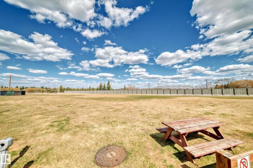 Expansive open lot with a rustic picnic table, bordered by a wooden fence and distant trees - 506 11080 Ellerslie Road, Edmonton, AB - Outdoor With View
