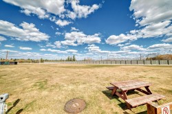 Expansive open lot with a rustic picnic table, bordered by a wooden fence and distant trees - 