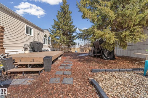 The property features a spacious rear deck with steps, a yard with wood chip ground cover, and mature evergreen trees - 66 Evergreen Park, Edmonton, AB - Outdoor