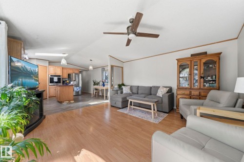 Open concept living space featuring a ceiling fan, light wood flooring, and a skylight - 66 Evergreen Park, Edmonton, AB - Indoor Photo Showing Living Room