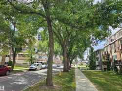 The community features a sidewalk, mature trees, and well-maintained grassy areas - 