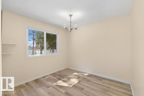 This room features light-toned walls, wood-style flooring, a window providing natural light, and a ceiling-mounted light fixture - 17313 60 Avenue, Edmonton, AB - Indoor Photo Showing Other Room