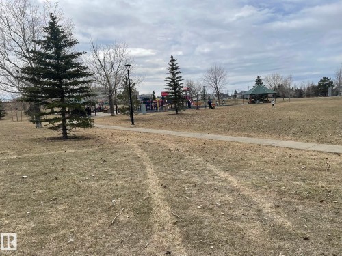Community park featuring a playground structure, covered gazebo, paved walking paths, and mature evergreen trees - 9320 175 Street, Edmonton, AB - Outdoor With View