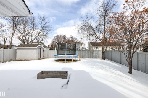The property includes a spacious backyard with a wooden fence, mature trees, and a storage shed - 3668 31A Street, Edmonton, AB - Outdoor