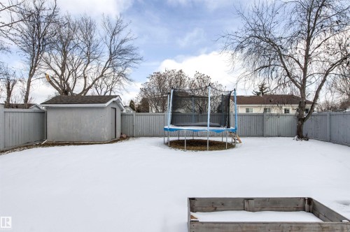 The property features a fenced yard with a storage shed and mature trees - 3668 31A Street, Edmonton, AB - Outdoor