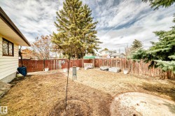 Expansive backyard featuring a full perimeter fence, mature evergreen trees, and a beige horizontal siding exterior - 