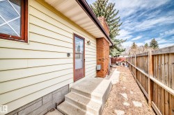 Cream-colored siding exterior featuring a brick chimney, wood-framed window, and a glass-paneled door - 