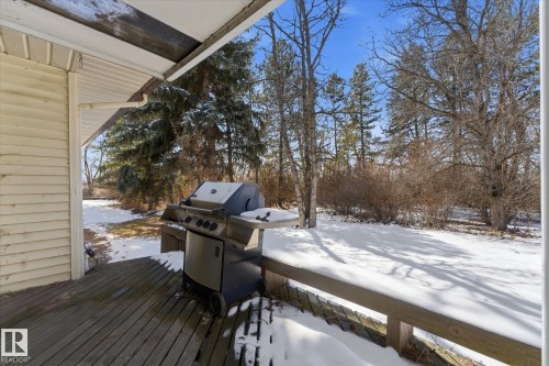 Covered outdoor deck area featuring wood decking and a wood railing - 25750 18 Street, Edmonton, AB - Outdoor