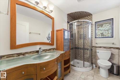 Bathroom featuring a glass shower enclosure with mosaic tile surround, a vanity with a curved glass countertop and integrated basin, a large framed mirror, and tile flooring - 25750 18 Street, Edmonton, AB - Indoor Photo Showing Bathroom