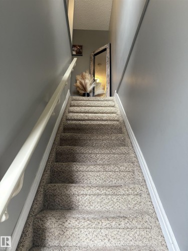 Carpeted staircase featuring a light-colored handrail and gray wall paint - 79 Akinsdale Gardens, St. Albert, AB - Indoor Photo Showing Other Room