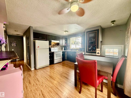 Spacious kitchen featuring dark cabinetry, white appliances, wood-finish flooring, a ceiling fan, and track lighting - 3520 17B Avenue, Edmonton, AB - Indoor Photo Showing Other Room