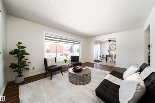 This inviting living area features hardwood floors, a large window providing natural light, and a textured area rug - 3518 78 Street, Edmonton, AB - Indoor Photo Showing Living Room