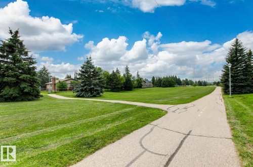 Expansive green space featuring a paved pathway, mature evergreen trees, and a residential structure in the background - 11707 29 Avenue Nw, Edmonton, AB - Outdoor With View