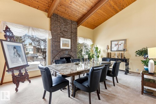 Vaulted wood-finish ceiling with exposed beams - 11707 29 Avenue Nw, Edmonton, AB - Indoor Photo Showing Dining Room