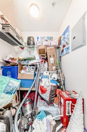 The property offers a dedicated storage area with wire shelving and a ceiling light fixture - 317 7511 171 Street, Edmonton, AB - Indoor With Storage