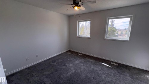 The property features a room with light grey walls, dark grey carpet, and two windows providing views of trees and open skies - 10231 163 Street, Edmonton, AB - Indoor Photo Showing Other Room