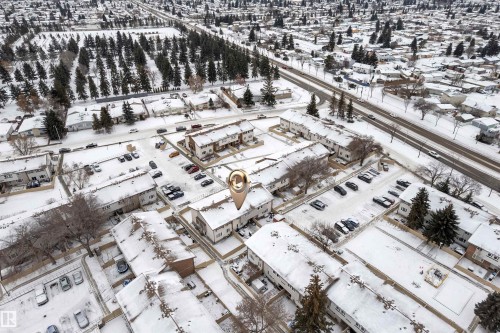Aerial perspective showcasing a residential community with multi-unit structures - 7 14115 82 Street, Edmonton, AB - Outdoor With View