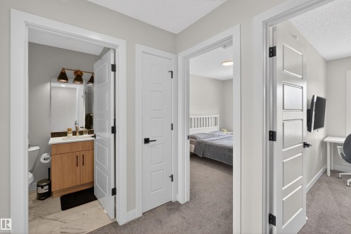 This hallway features neutral-toned carpet, white doors with black hardware, and provides access to a bathroom with a wood vanity and a bedroom with a white headboard - 28 6214 Cartmell Crest, Edmonton, AB - Indoor