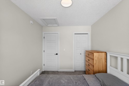 This room features light-colored walls, a textured ceiling, a flush mount ceiling light, and gray carpeting - 28 6214 Cartmell Crest, Edmonton, AB - Indoor