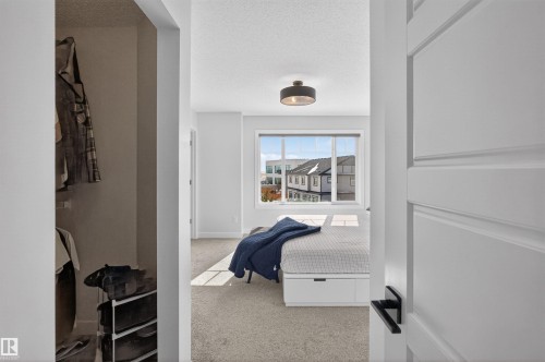 Bedroom featuring carpeted flooring, a large window providing ample natural light, and a modern ceiling light fixture - 28 6214 Cartmell Crest, Edmonton, AB - Indoor