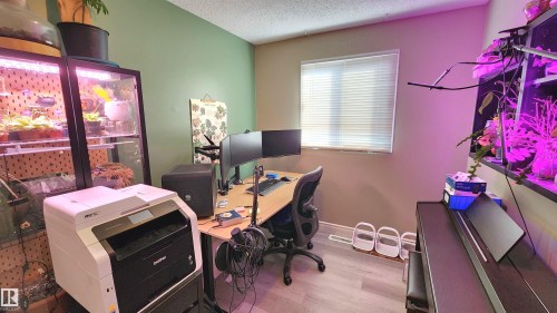 Interior room with wood-finish flooring, a neutral wall color, and a window featuring horizontal blinds - 3531 46 Street, Edmonton, AB - Indoor Photo Showing Office