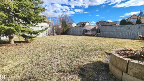Spacious backyard featuring a full perimeter privacy fence, mature evergreen tree, and a built-in stone fire pit - 3531 46 Street, Edmonton, AB - Outdoor