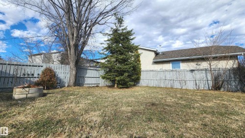 Expansive backyard featuring a full privacy fence, mature trees, and a concrete fire pit - 3531 46 Street, Edmonton, AB - Outdoor
