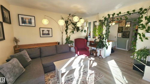 Open-concept living area featuring light wood-finish flooring, a decorative archway, and a built-in kitchen peninsula - 3531 46 Street, Edmonton, AB - Indoor Photo Showing Living Room