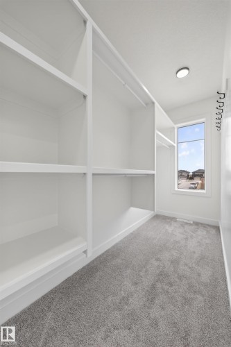 Walk-in closet featuring built-in white shelving, integrated hanging rods, a window, grey carpeting, and recessed lighting - 3906 41 Avenue, Beaumont, AB - Indoor With Storage
