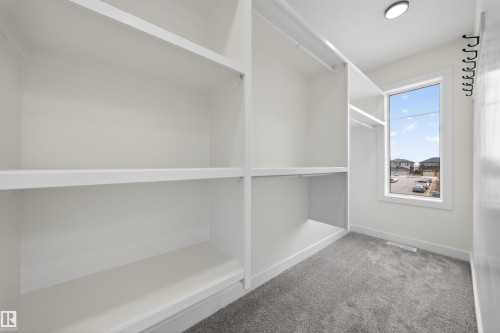 Walk-in closet featuring white built-in shelving, hanging rods, light gray carpet flooring, and a large window - 3906 41 Avenue, Beaumont, AB - Indoor With Storage