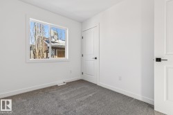 Bright room with a large window, soft gray carpet, two white paneled doors, and contemporary black hardware - 