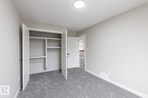 Interior room featuring neutral wall paint, gray carpeting, a built-in closet with double doors and shelving, and a flush-mount ceiling light fixture - 917 Elderberry Landing, Edmonton, AB - Indoor Photo Showing Other Room