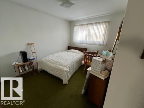 This room features a window with blinds, carpeted flooring, and a ceiling light fixture - 11003 144 Street, Edmonton, AB - Indoor Photo Showing Bedroom