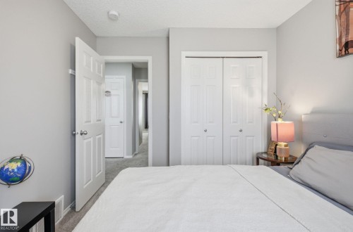This room features light grey walls and light colored carpet, creating a neutral palette - 4636 175 Ave, Edmonton, AB - Indoor Photo Showing Bedroom