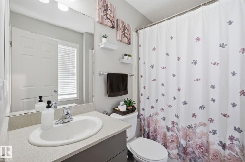 The bathroom features a vanity with a sink and chrome faucet, a large mirror, and a toilet - 4636 175 Ave, Edmonton, AB - Indoor Photo Showing Bathroom
