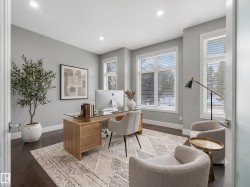 Flex/den just off front entrance. Spacious interior room featuring dark wood-finish flooring, light grey painted walls, and abundant natural light from multiple large windows - 