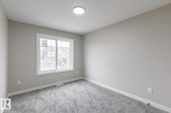 Spacious room featuring neutral paint, gray carpeting, a large window, white trim, and a flush-mount ceiling light - 