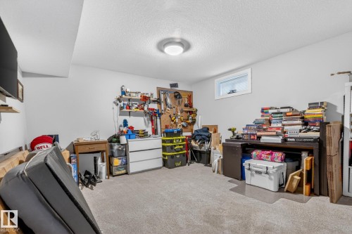 The property features a room with light grey walls, light grey carpet, and a white ceiling with a flush-mount light fixture - 7408 92 Avenue, Edmonton, AB - Indoor