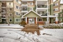 The property features a multi-story building with green and beige siding - 411 6925 199 Street Nw, Edmonton, AB  - Outdoor With Balcony With Facade 