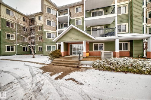 The property features an exterior with green siding and tan accents, multiple windows, and balconies with black railings - 411 6925 199 Street Nw, Edmonton, AB - Outdoor With Balcony With Facade