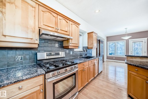 Kitchen with stainless steel appliances, decorative light fixtures, dark stone counters, light wood finished floors, and tasteful backsplash - 1605 Haswell Court, Edmonton, AB - Indoor Photo Showing Kitchen