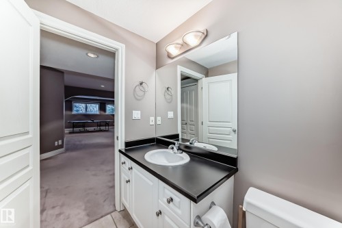 Half bathroom featuring vanity and light carpet - 1605 Haswell Court, Edmonton, AB - Indoor Photo Showing Bathroom