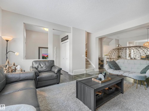 Living room featuring light-colored walls, dark flooring, and a large area rug - 725 36 Street, Edmonton, AB - Indoor Photo Showing Living Room