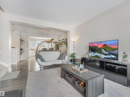 The living room features light-colored walls, a textured area rug, and dark wood-look flooring - 725 36 Street, Edmonton, AB - Indoor Photo Showing Living Room