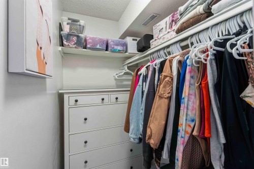 Walk-in closet featuring built-in shelving, hanging rods, and a white dresser with black knobs - 5740 172 Street, Edmonton, AB - Indoor With Storage