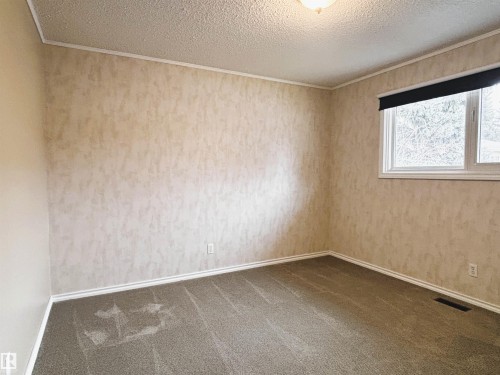 Carpeted room featuring a white-framed window with a roller blind - 11139 30 Avenue, Edmonton, AB - Indoor Photo Showing Other Room