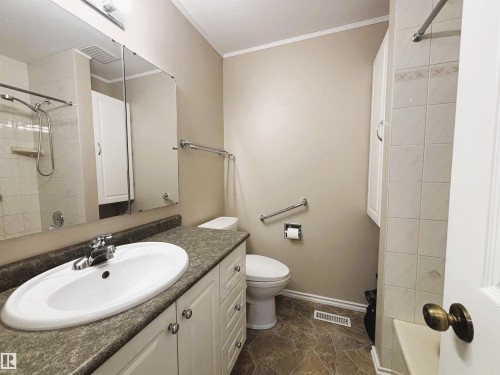 Bathroom vanity featuring white cabinetry, an oval undermount sink, and a speckled countertop - 11139 30 Avenue, Edmonton, AB - Indoor Photo Showing Bathroom