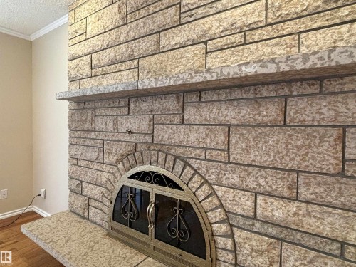 Stone-clad fireplace featuring an arched firebox opening with an ornate metal screen, a substantial stone mantel, and a matching stone hearth - 11139 30 Avenue, Edmonton, AB - Indoor Photo Showing Other Room With Fireplace